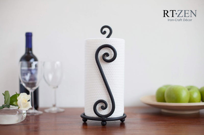 RTZEN Matte Black Paper Towel Holder Countertop - Decorative Farmhouse Paper Towel Roll Holder - Rustic Metal Modern Stand for Kitchen or Bathroom (Swirl) - Image 3